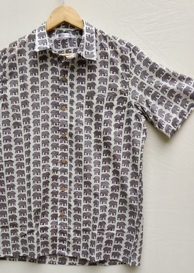 Unisex Blockprint Cotton Shirt Grey