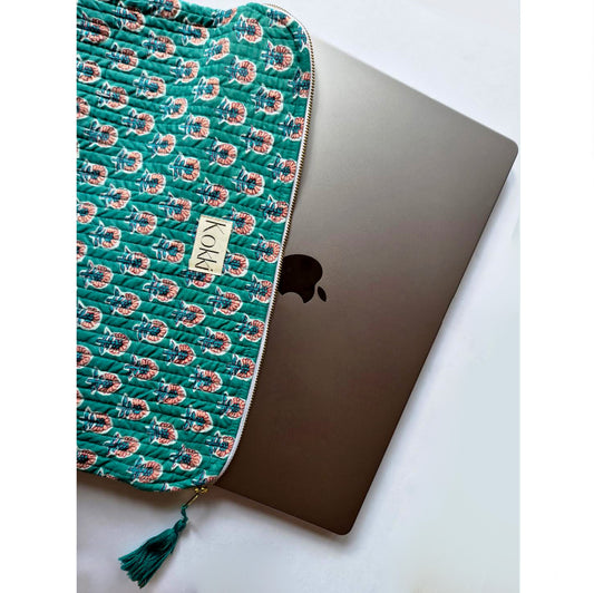Blockprint Cotton Laptop Bag - Dark Green