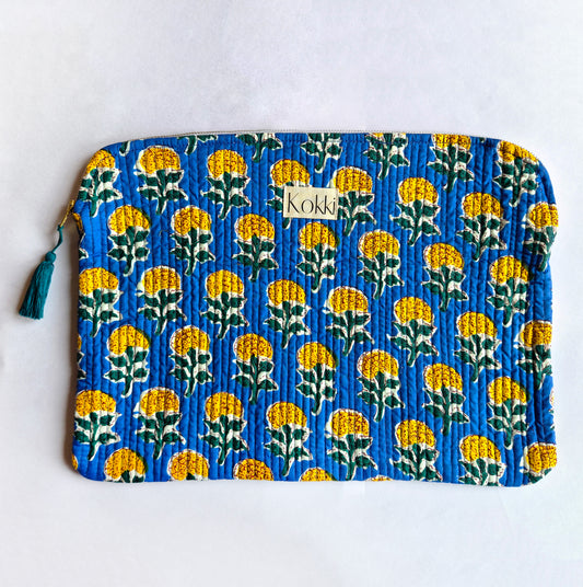 Blockprint Cotton Laptop Cover - Blue
