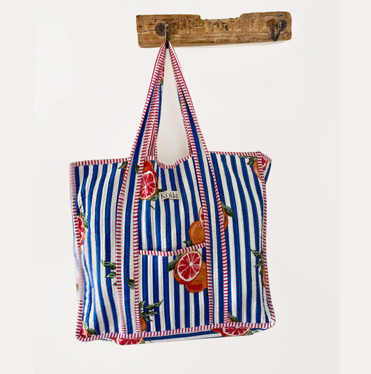 Large Kantha Tote Bag - Blue Stripe