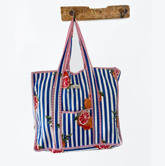 Large Kantha Tote Bag - Blue Stripe