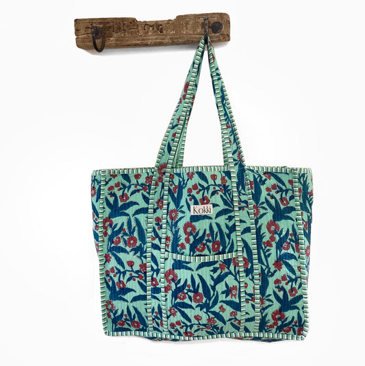 Large Kantha Tote Bag - Blue Bloom