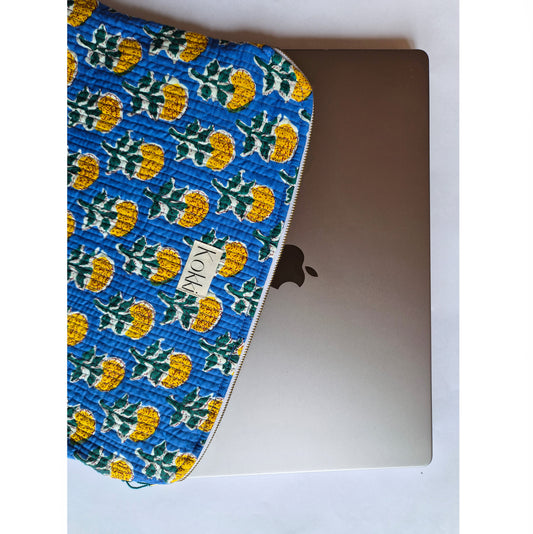 Blockprint Cotton Laptop Cover - Blue