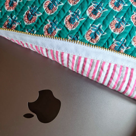 Blockprint Cotton Laptop Bag - Green