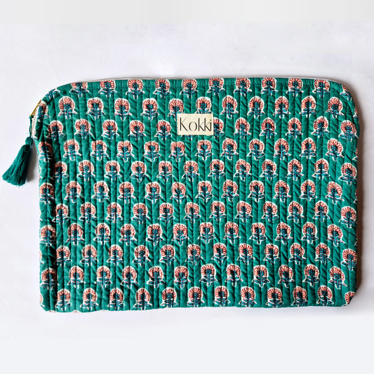 Blockprint Cotton Laptop Bag - Dark Green