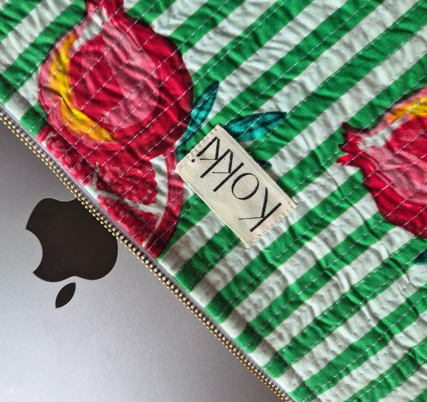 Blockprint Laptop Sleeve - Green Stripe Pomegranate