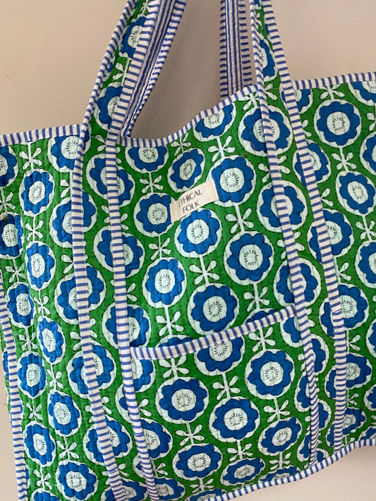 Large Kantha Tote - Blue Petal