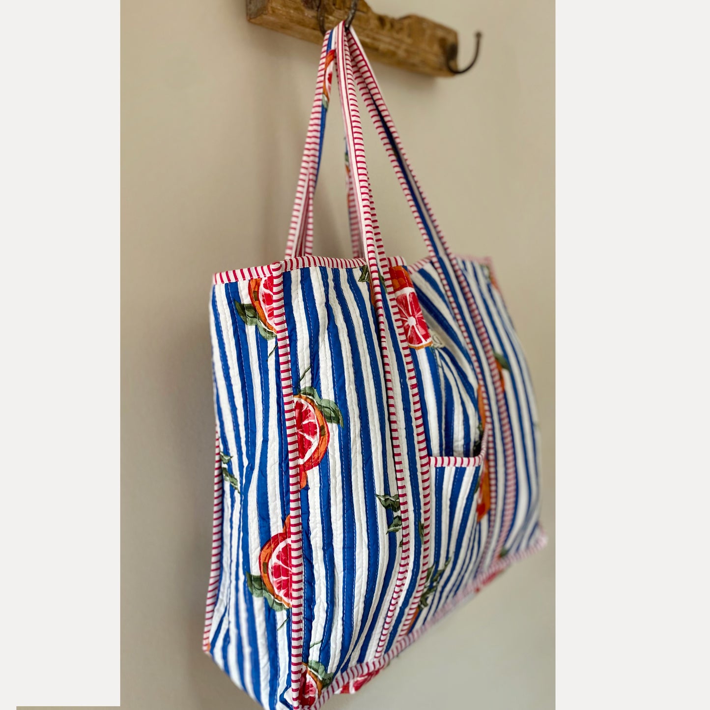 Large Kantha Tote Bag - Blue Stripe